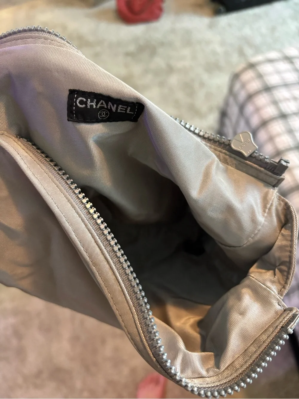 CHANEL Silver Nylon Zip Cosmetic Pouch